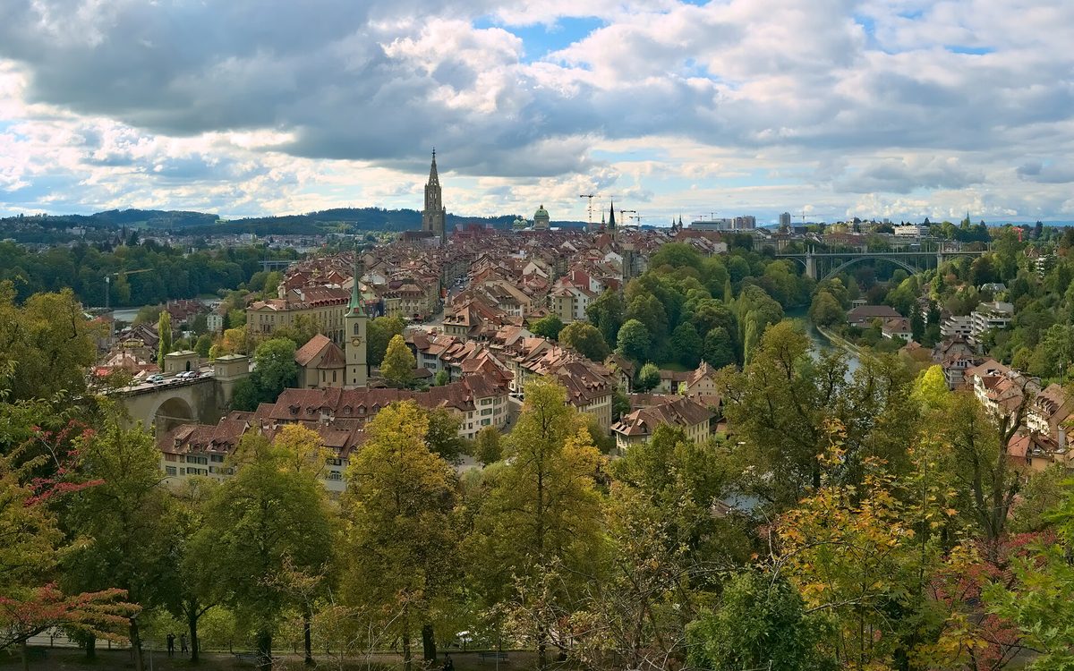Bern's Old Town in the bend of the Aare, seen from the Rosengarten