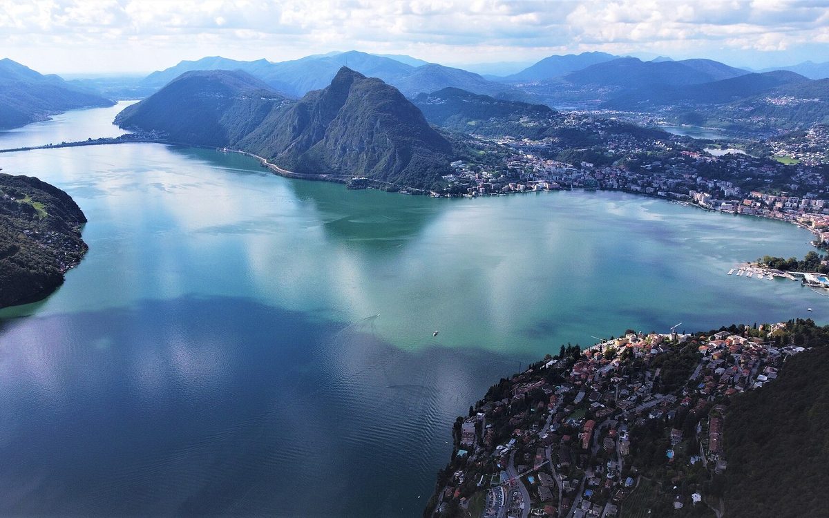 Lugano on its lake with Monte San Salvatore, seen from Monte Brè