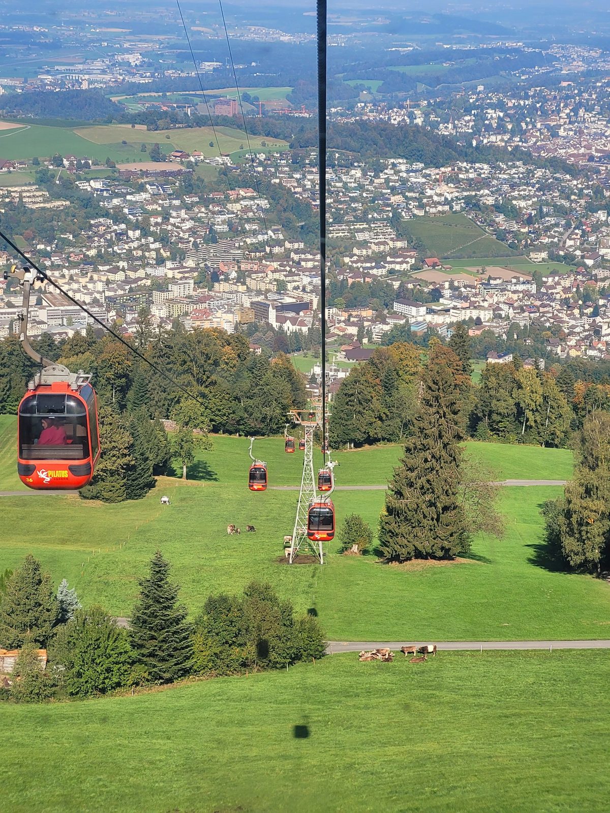 Gondel der Pilatus-Bahn über den Wiesen von Kriens, dahinter Kriens und Luzern